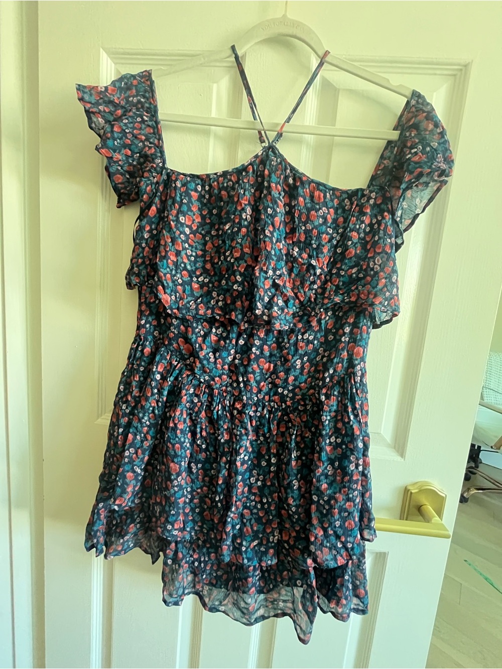 PAIGE Navy Floral Smocked Mini Dress with Coral and Teal Accents